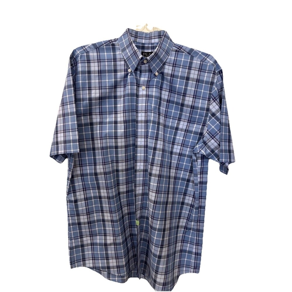 Jos A Bank Men’s Shirt Size L Blue Checked Short Sleeve Button Up Travelers